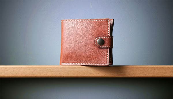 photograph of a brown leather wallet sitting on a wooden shelf