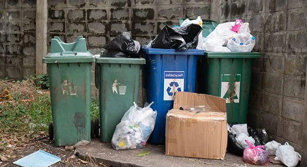 overflowing trash cans