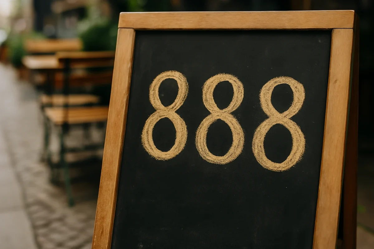 the 888 Angel Number shown on a blackboard on a busy street